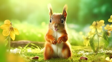 Naklejka na ściany i meble Red squirrel on green background