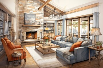 sketch design of modern living room with modern chair and sofa at home