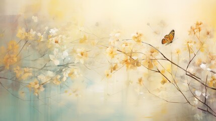  a painting of a butterfly on a branch with yellow flowers.  generative ai
