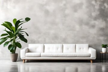 White Sofa and Houseplant Against Concrete Wall in Modern Living Room Panorama.
