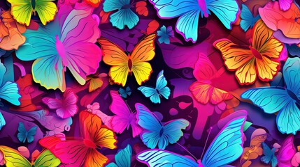 a group of colorful butterflies flying through the air with a purple background. generative ai