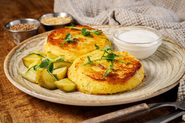 Potato pancakes with sour cream and herbs on a plate on a wooden background