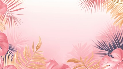 Fototapeta na wymiar a pink and gold tropical background with palm leaves and flowers. generative ai