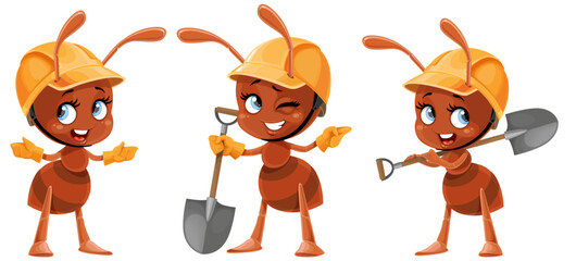 Cute cartoon ants in construction helmet with a shovel in hand and shows somewhere to the side isolated on white background