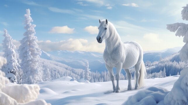 White horse in snowy landscape