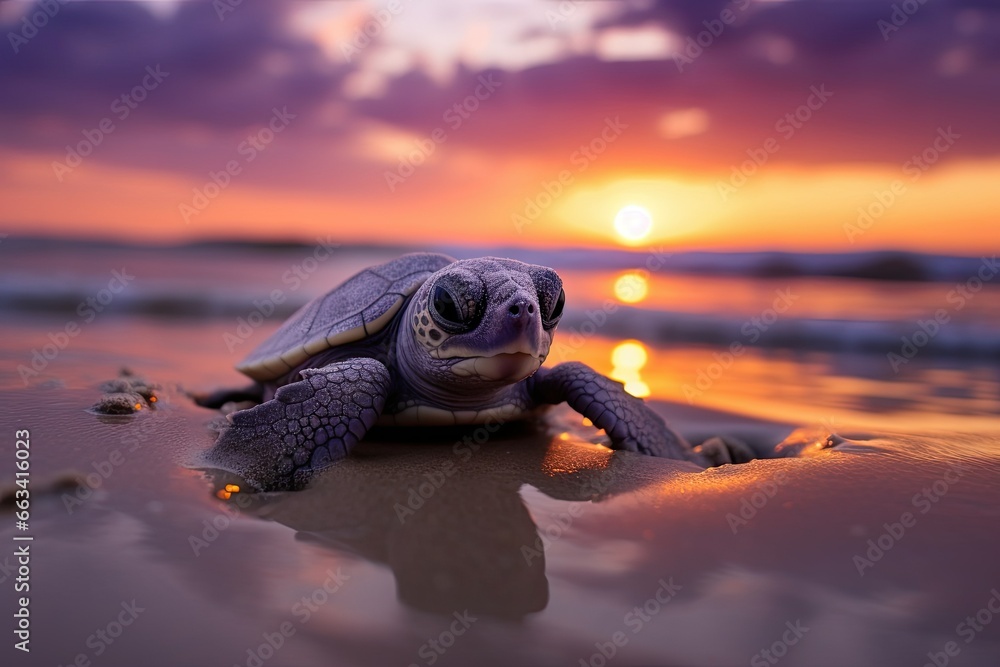 Poster a small turtle sitting on top of a beach next to the ocean. generative ai