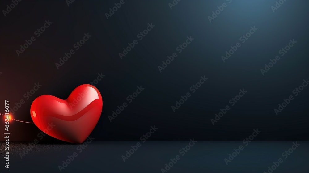 Poster a red heart with a string attached to it on a dark background. generative ai