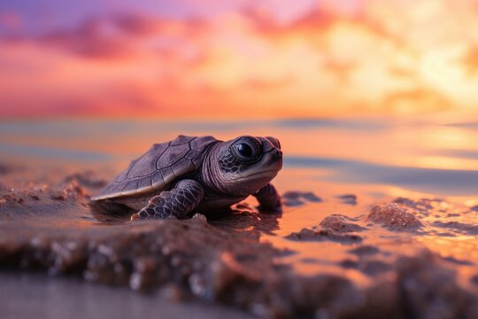  a small turtle sitting on top of a beach next to the ocean.  generative ai