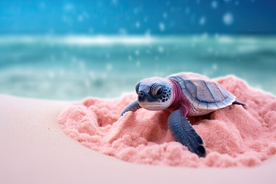 a small turtle is sitting on a pink blanket on the beach.  generative ai