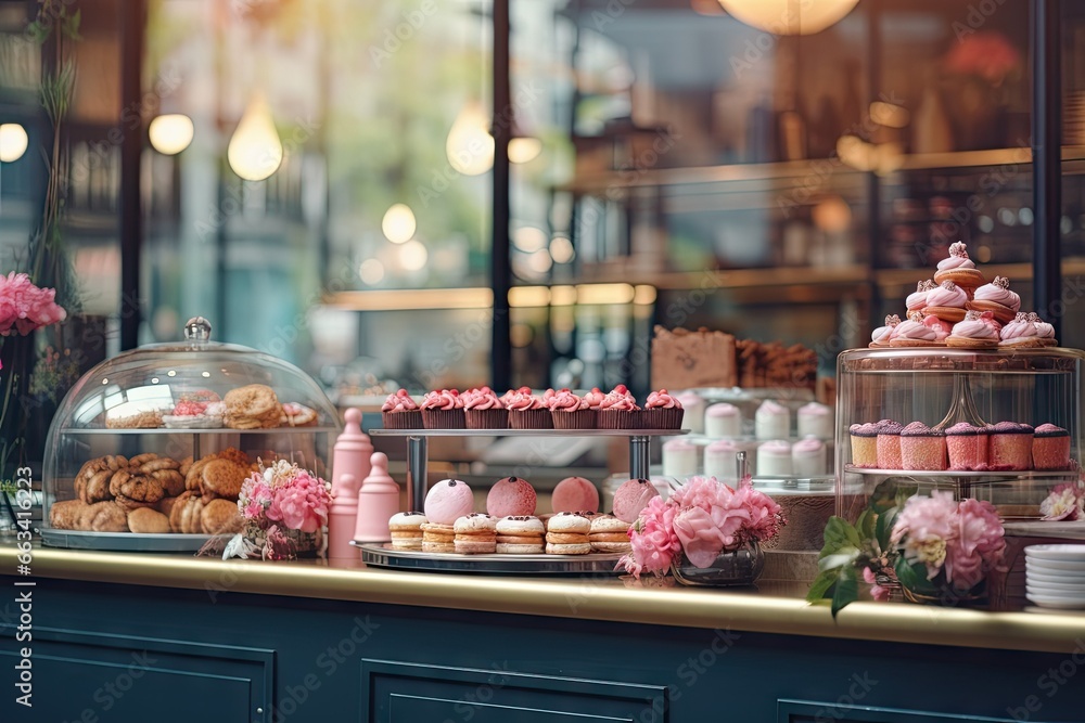 Poster a display case filled with lots of different types of pastries. generative ai