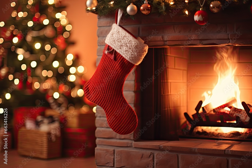 Poster  a stockings hanging from a fireplace with a christmas tree in the background.  generative ai