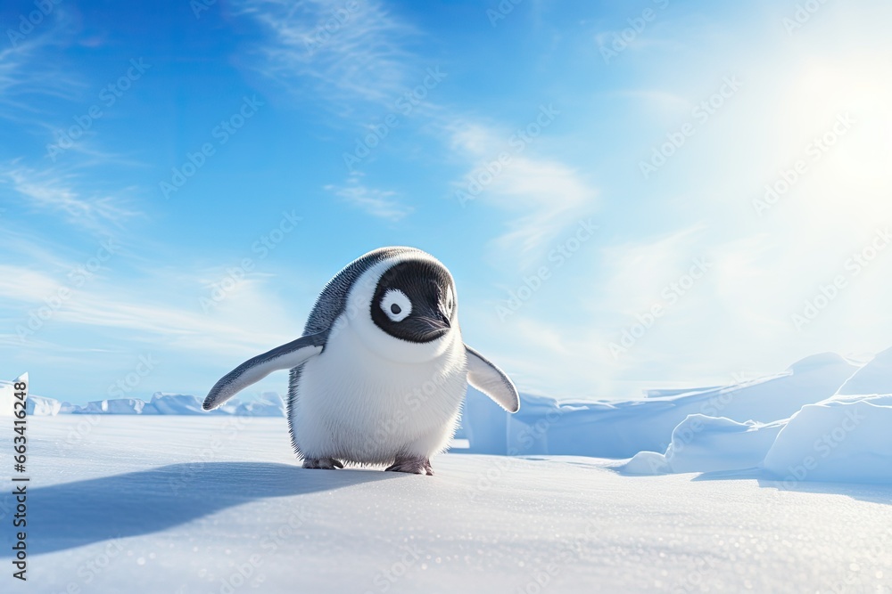 Poster a small penguin with a big smile standing in the snow. generative ai