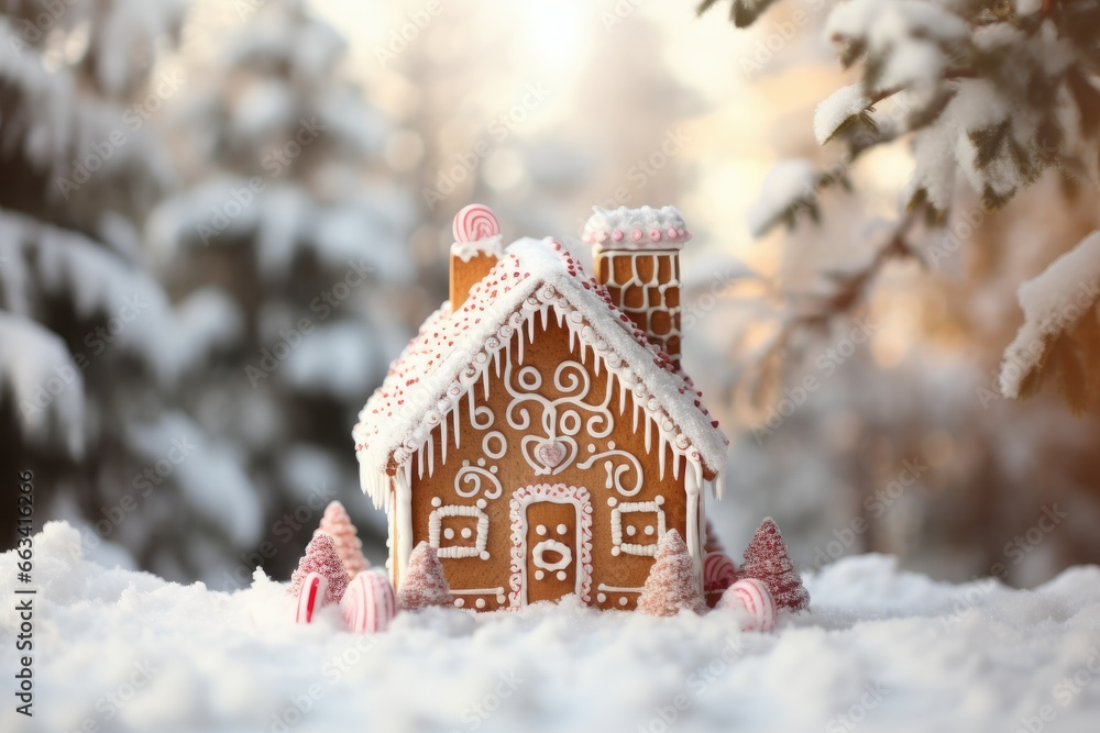 Poster a small gingerbread house in the snow with trees in the background. generative ai