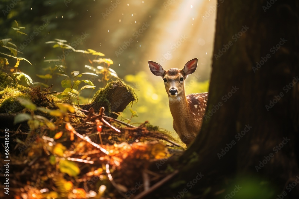 Poster a deer standing in the middle of a forest with sunlight streaming through the trees. generative ai