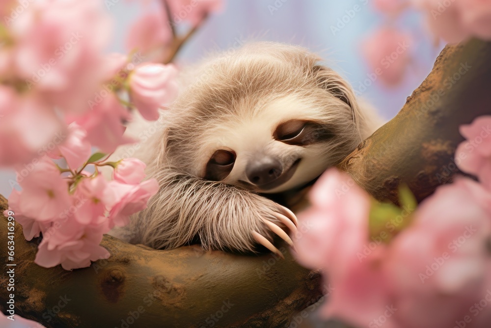 Poster a baby sloth sleeping on a branch of a tree. generative ai