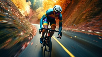 Cyclist Racing Down a Winding Road - obrazy, fototapety, plakaty
