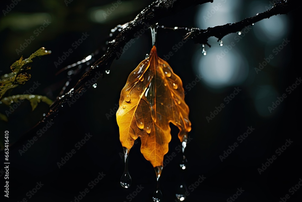Poster a yellow leaf hanging from a tree branch with drops of water on it. generative ai