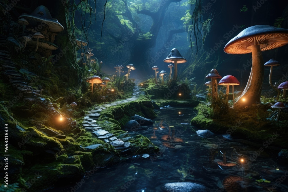 Poster a stream running through a forest filled with lots of mushrooms. generative ai