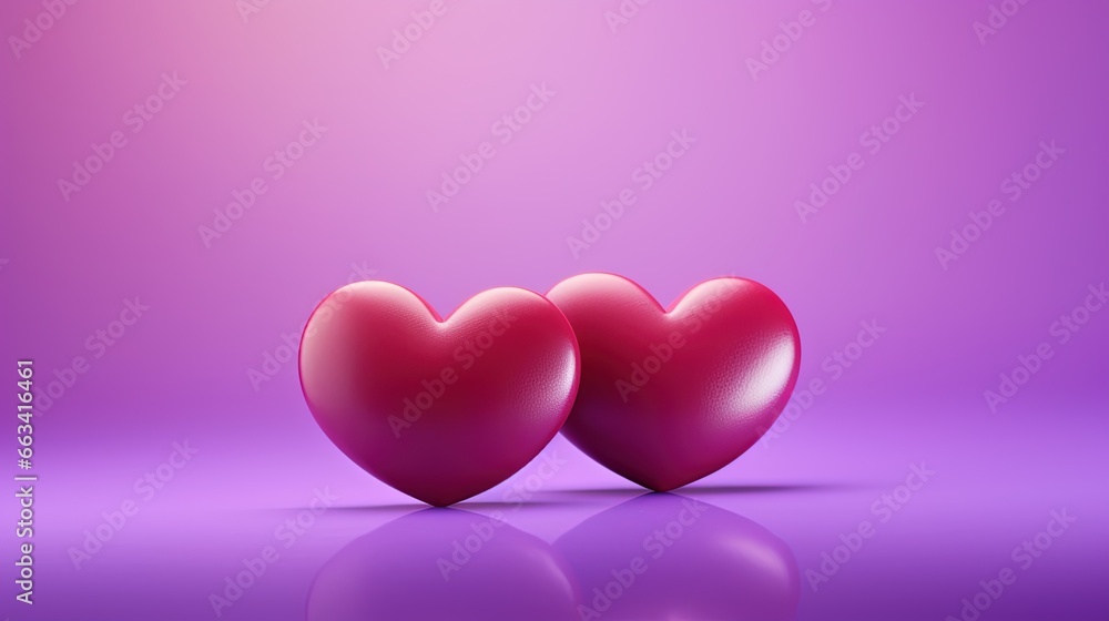 Poster two red hearts on a purple background with a reflection on the floor. generative ai