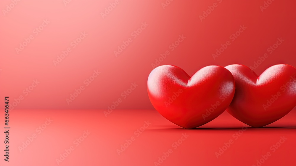 Poster two red hearts on a red background with room for text. generative ai