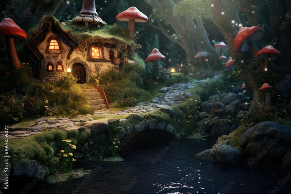 Poster a small house in the middle of a forest by a stream. generative ai