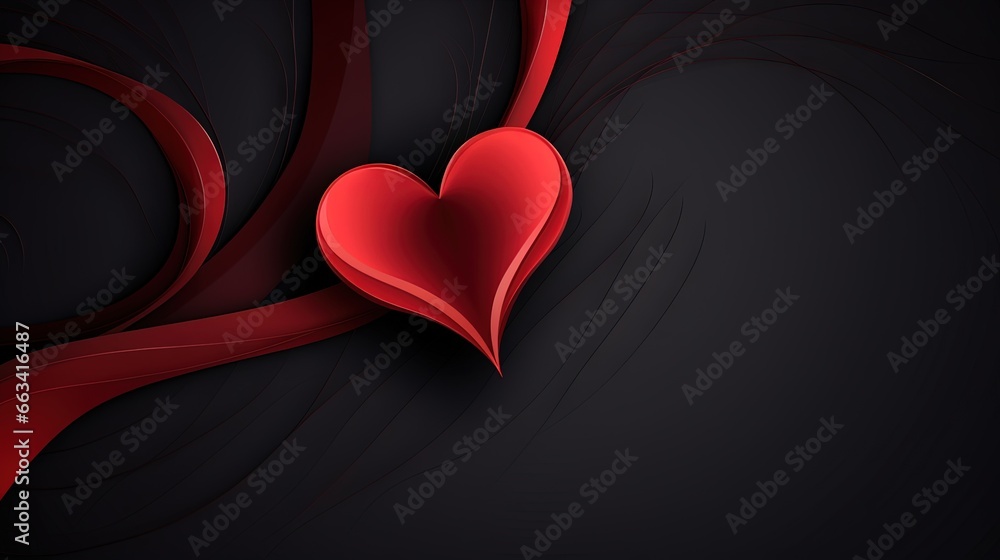 Poster a red heart on a black background with a red ribbon. generative ai