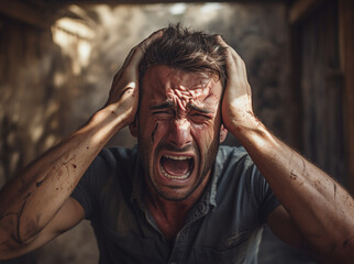 Emotional portrait of a man screaming and clutching his head with his hands