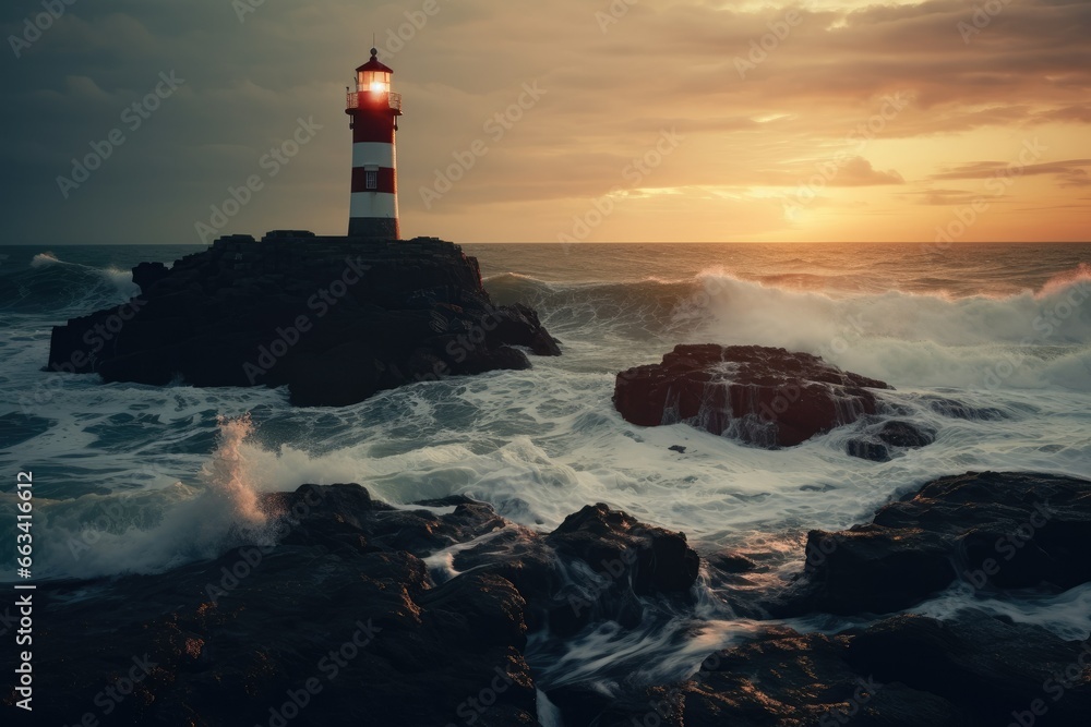 Aufkleber a lighthouse on a rocky shore with waves crashing in front of it. generative ai