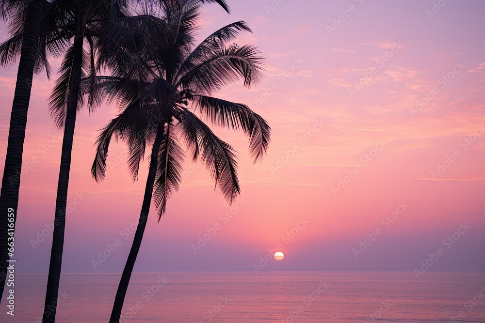 Poster the sun is setting behind the palm trees on the beach. generative ai