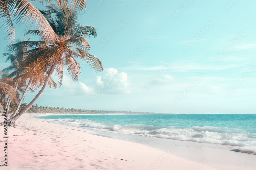 Poster a palm tree on a beach with the ocean in the background. generative ai