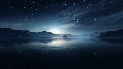 A blanket of stars stretch across the sky, the moonlight reflecting off of the water below