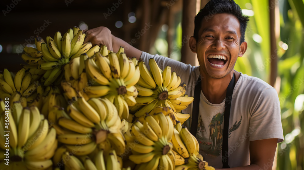 Wall mural cheerful Thai man with a bunch of bananas