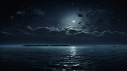 Fototapeta na wymiar A blanket of stars stretch across the sky, the moonlight reflecting off of the water below