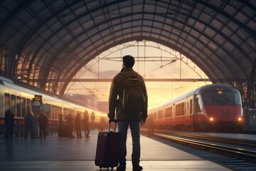 A man looks at arriving train in a railway station. Travelling man. Young man at railroad station platform.