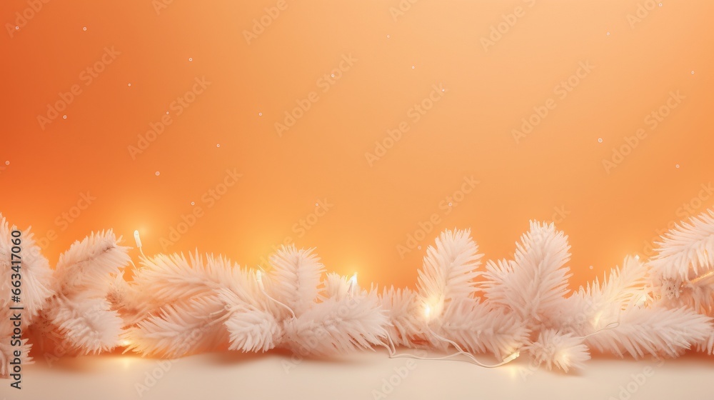 Poster  a group of white christmas trees with lights on a orange background with snow flakes on the bottom of the branches and a string of lights on the bottom of the branches.  generative ai