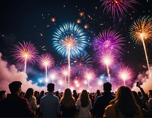 Vibrant fireworks erupt in a starry night sky, casting a shower of colorful sparks amidst a...