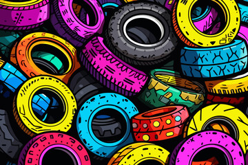 Heavy equipment tires quirky doodle pattern, wallpaper, background, cartoon, vector, whimsical Illustration
