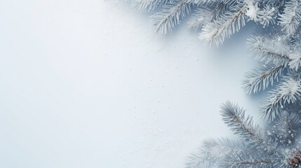  a snow covered pine tree branch with drops of water on the branches of the tree, with a blue sky in the background, with a snow - covered pine tree branch in the foreground.  generative ai - obrazy, fototapety, plakaty