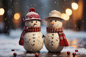 Pair of sweet and funny snowmen toy with umbrella and snow falling, Christmas winter theme