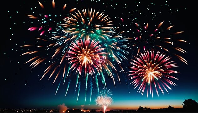 Vibrant fireworks burst across the night sky, painting it in a tapestry of brilliant colors and awe-inspiring patterns