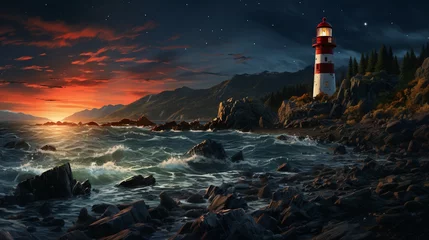 Rolgordijnen lighthouse at night © Sthefany