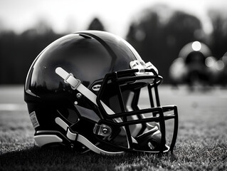 Fototapeta premium Football helmet set against the backdrop of the field. Generative AI