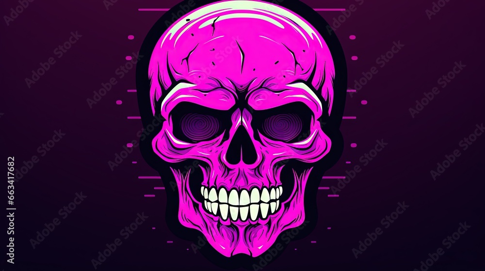 Poster a purple skull with a black background and a circle around it's head is shown in the center of the i