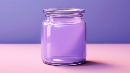  a glass jar with a purple liquid inside on a pink tablecloth with a purple background and a purple wall in the background with a shadow.  generative ai