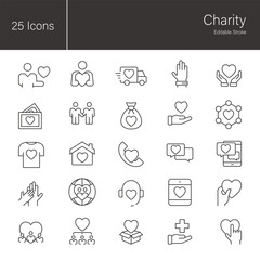 Charity line icon set. 25 editable stroke vector graphic elements, stock illustration Icon, Donation, Care, Giving, Hand