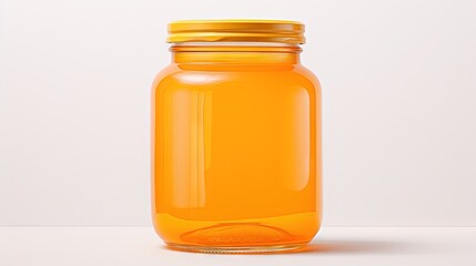  a yellow glass jar with a yellow lid on a white surface with a white wall in the background and a white wall in the background.  generative ai