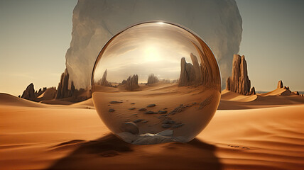 Fototapeta na wymiar image of a crystal ball where inside there is a desert with high rocky mountains and a blue sky