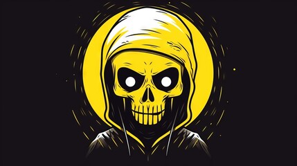  a skull wearing a hoodie with a yellow light in the middle of the head and a yellow light in the middle of the head.  generative ai