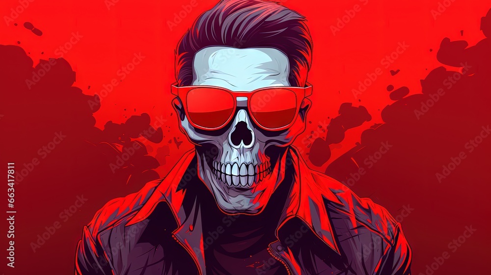 Poster a skull wearing red sunglasses and a leather jacket with a skull on it's chest and a red background 
