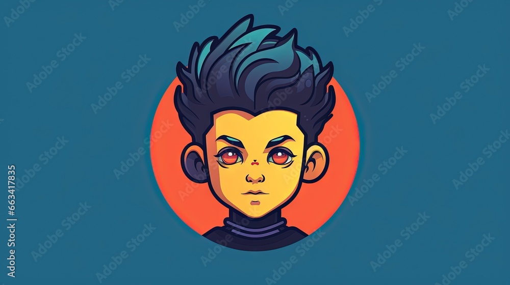 Poster a man with a mohawk and a blue shirt with a red circle around him and a blue background with a red c